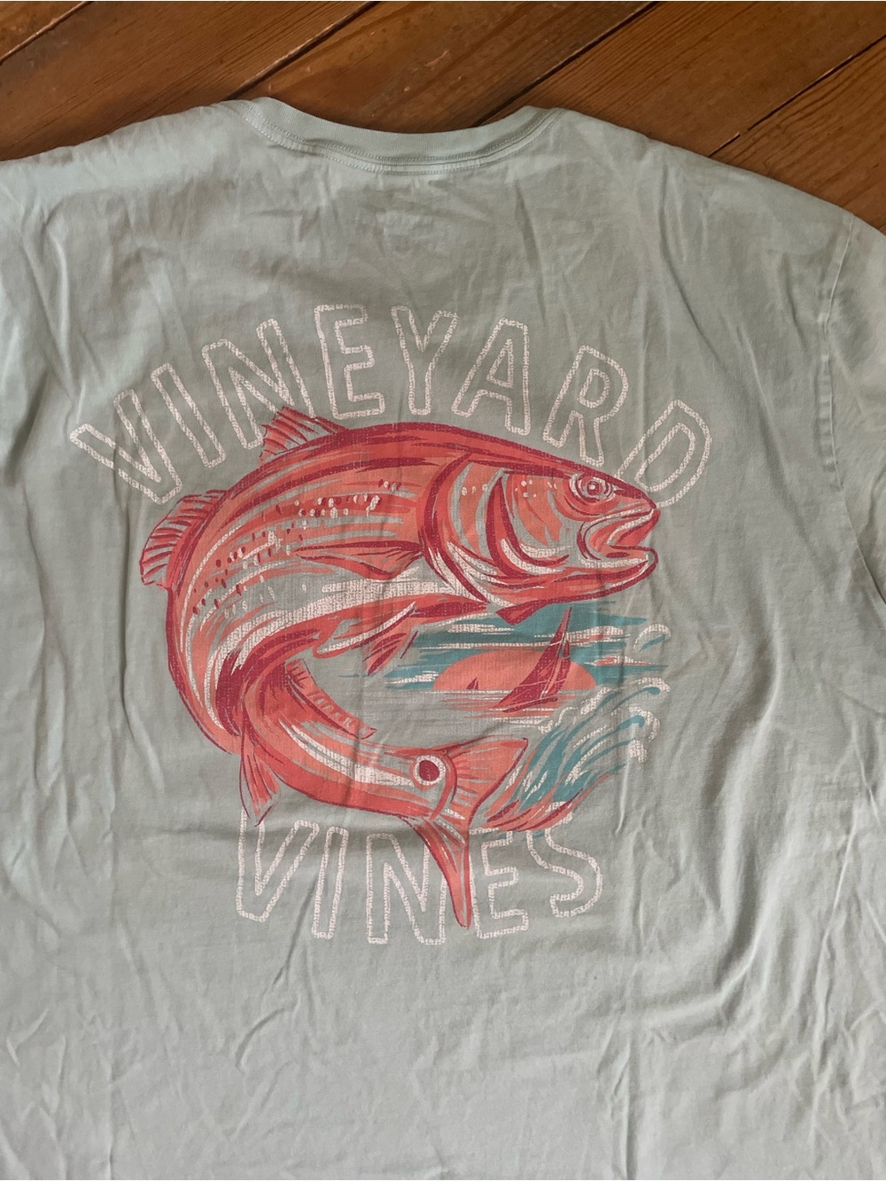 Vineyard Vines Light Green Short Sleeve Pocket Tee with Red Fish Graphic